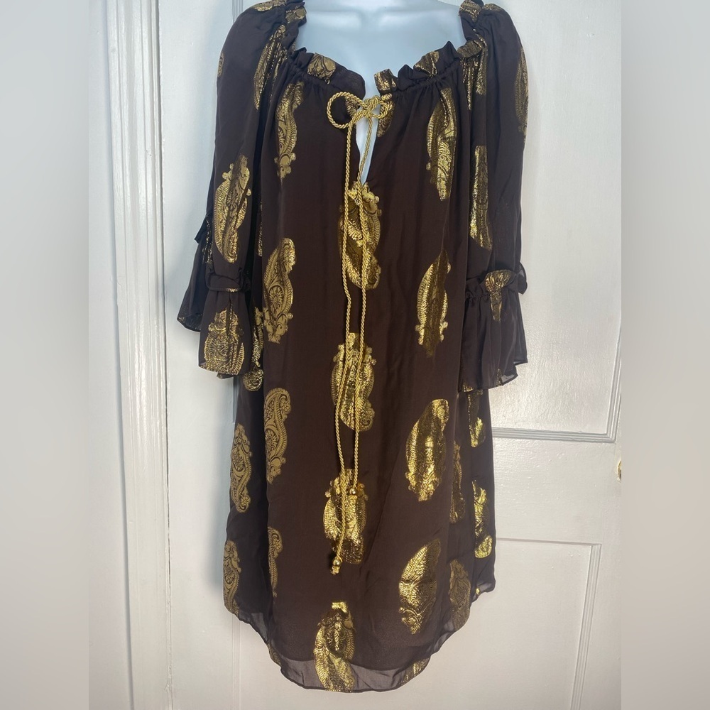 MILLY of New York Chocolate Brown Mini Designer Dress w Gold Accents No Belt